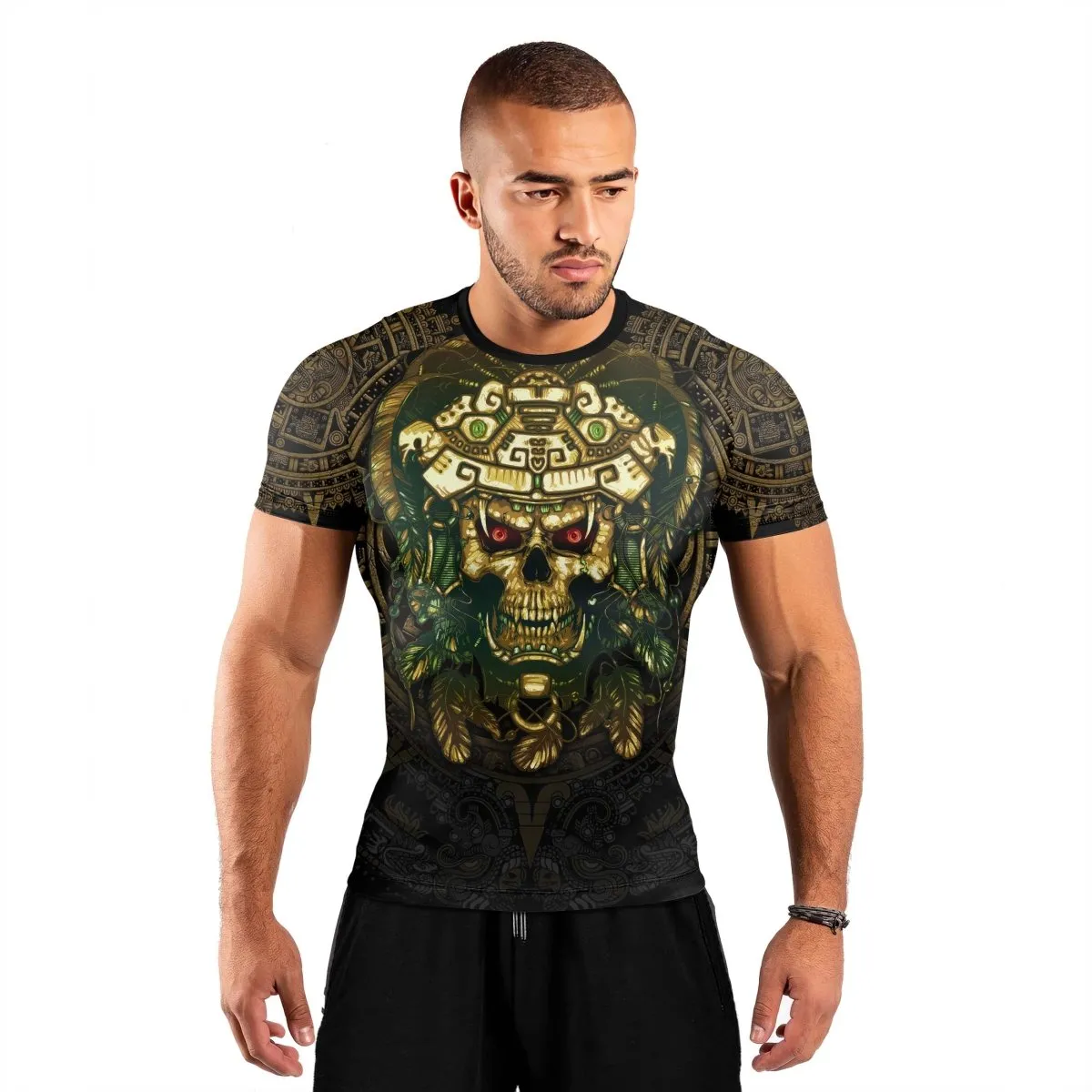 Aztec Jungle Warrior Mask Men's Short Sleeve Rash Guard