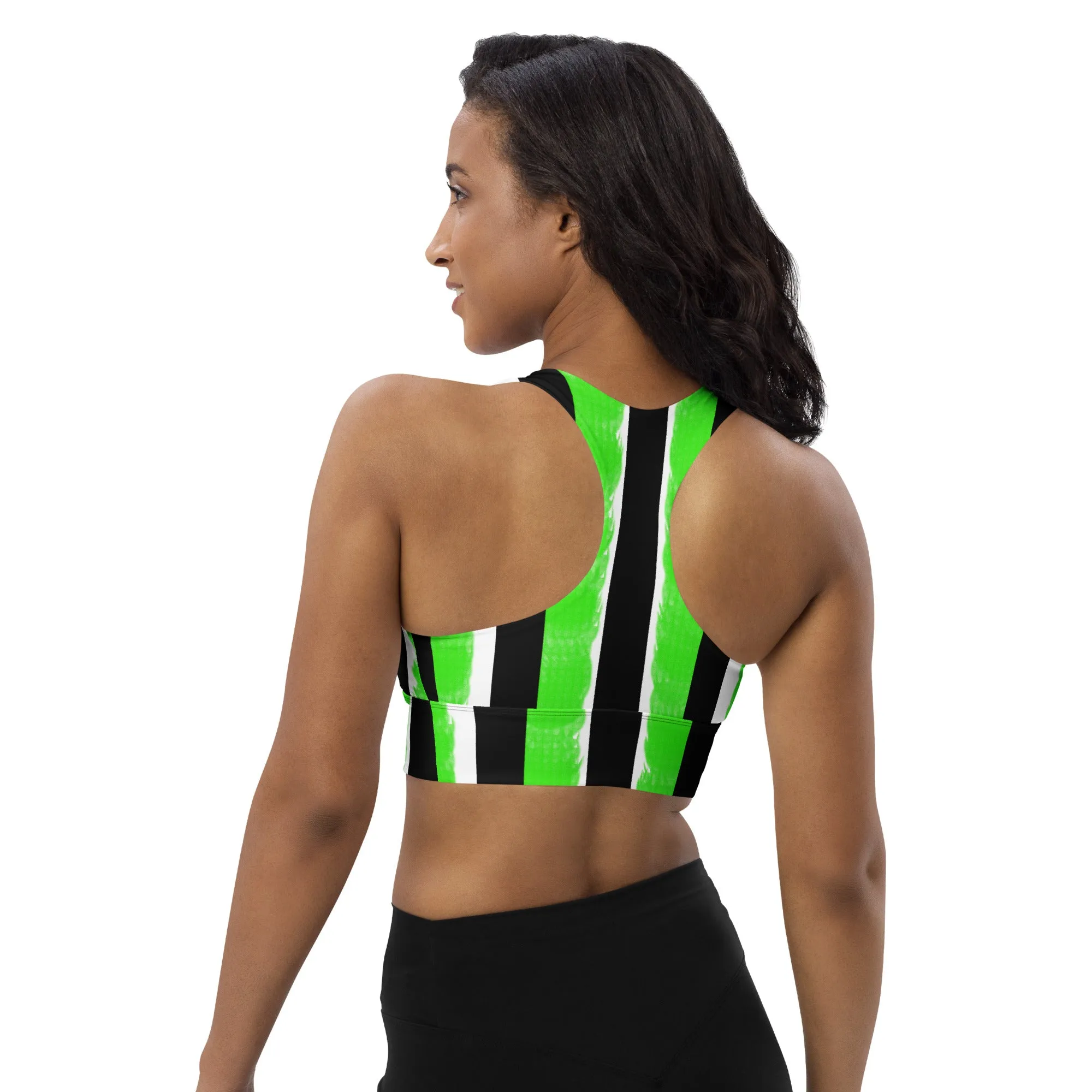 Striped Black and Green, Womens Longline Sports Bra