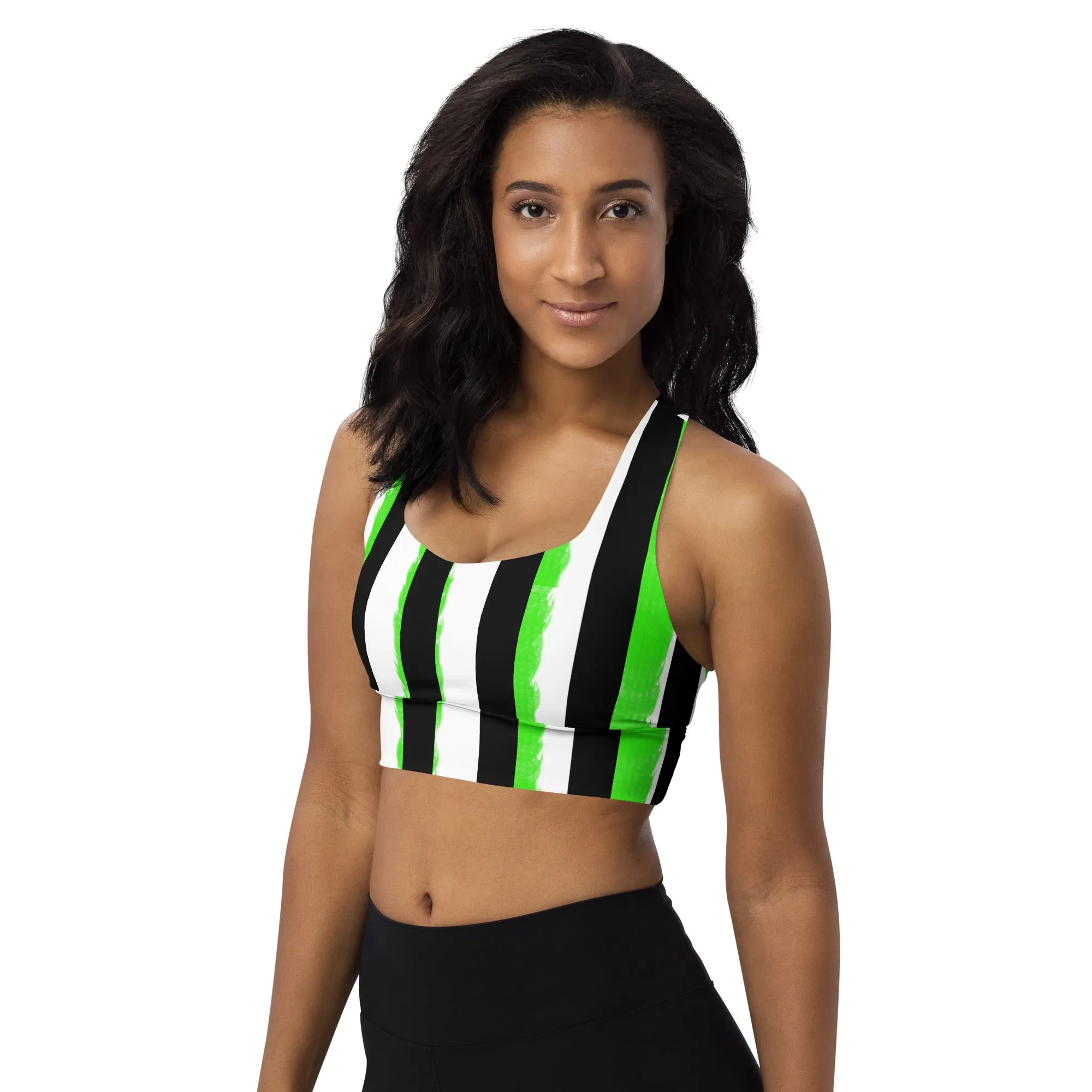 Striped Black and Green, Womens Longline Sports Bra