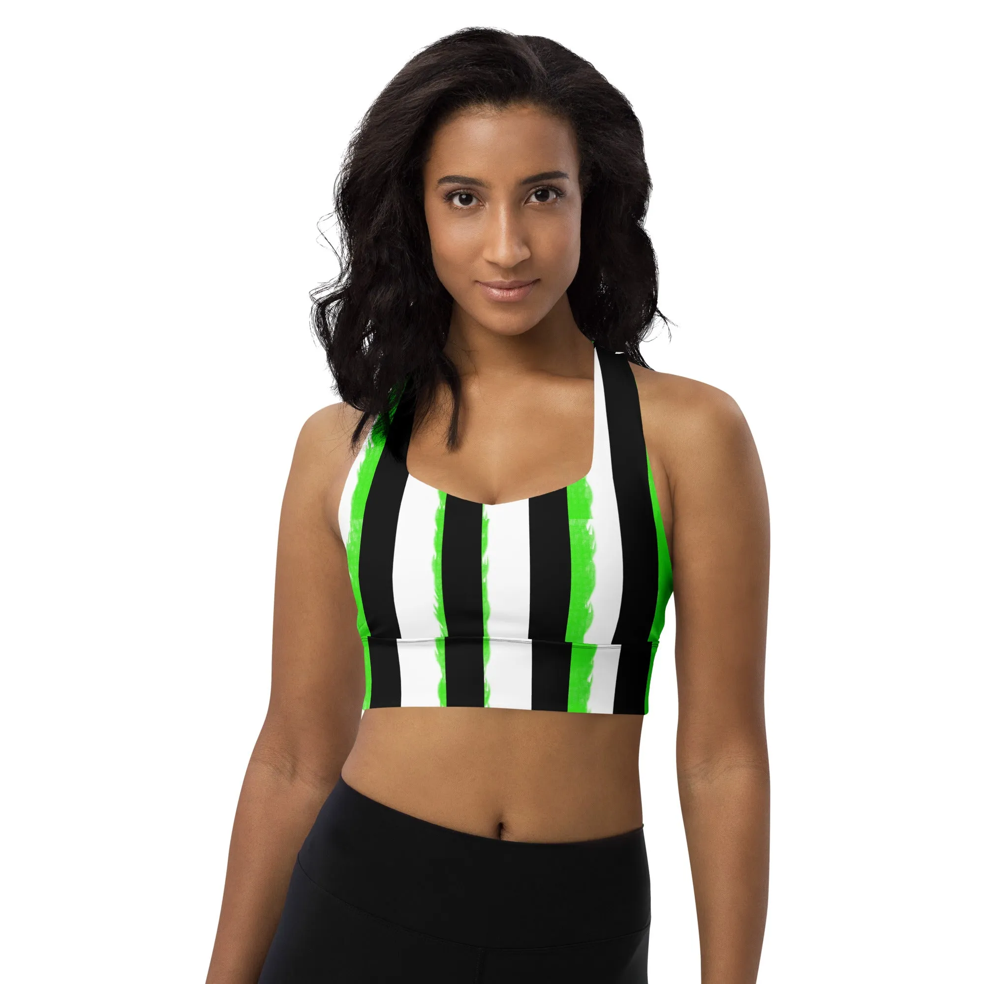 Striped Black and Green, Womens Longline Sports Bra
