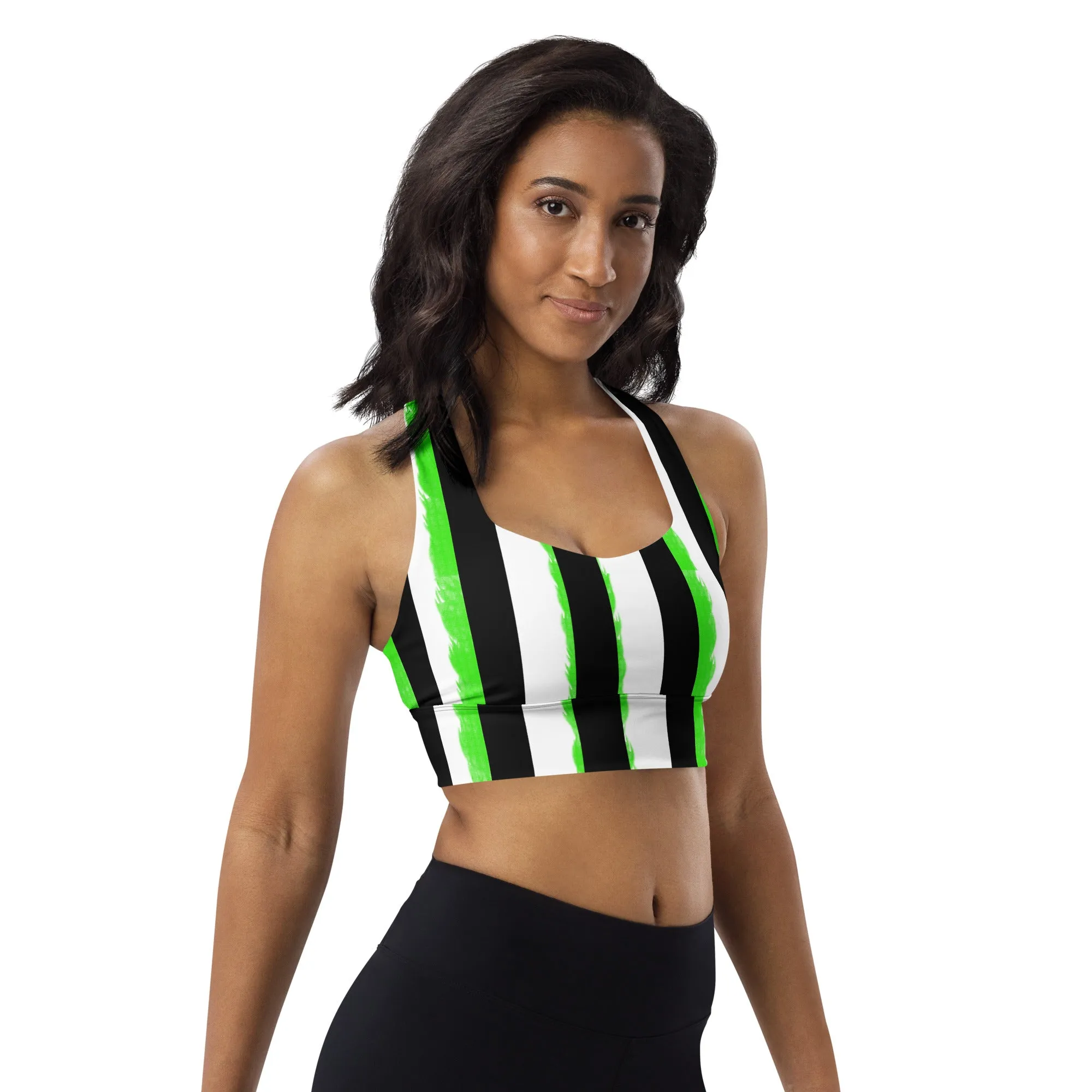 Striped Black and Green, Womens Longline Sports Bra