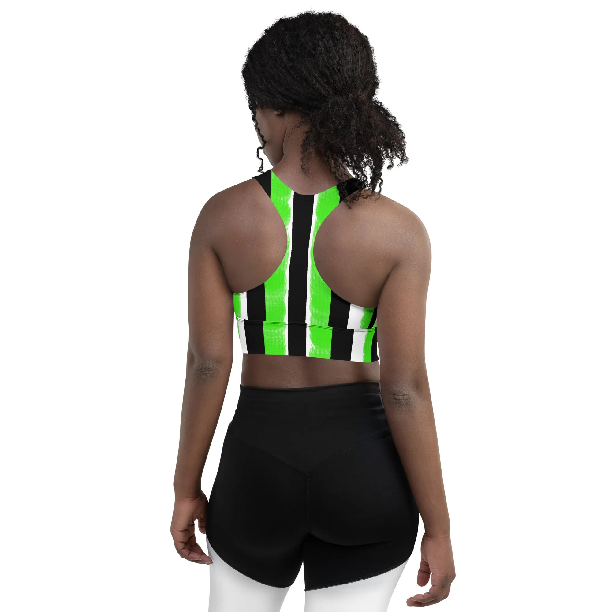 Striped Black and Green, Womens Longline Sports Bra