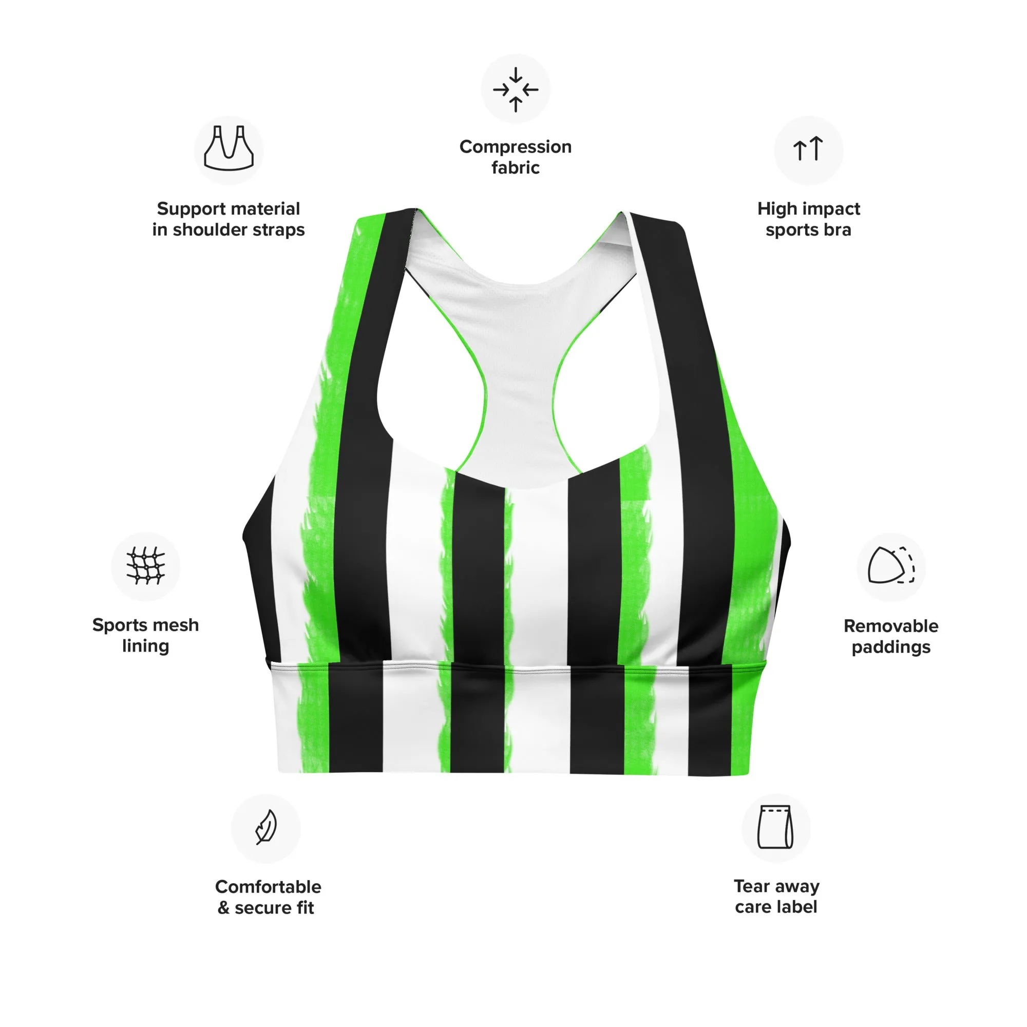 Striped Black and Green, Womens Longline Sports Bra