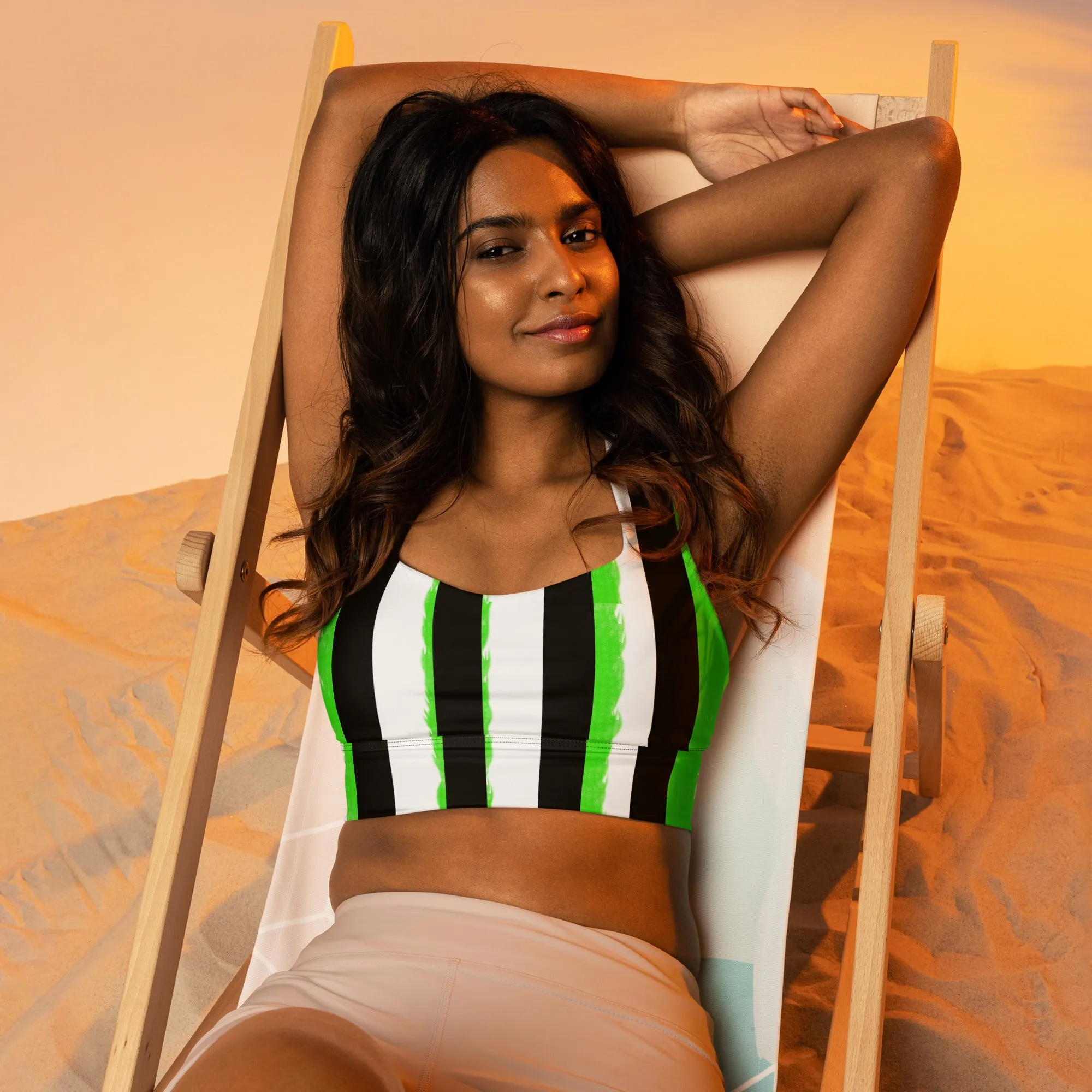Striped Black and Green, Womens Longline Sports Bra