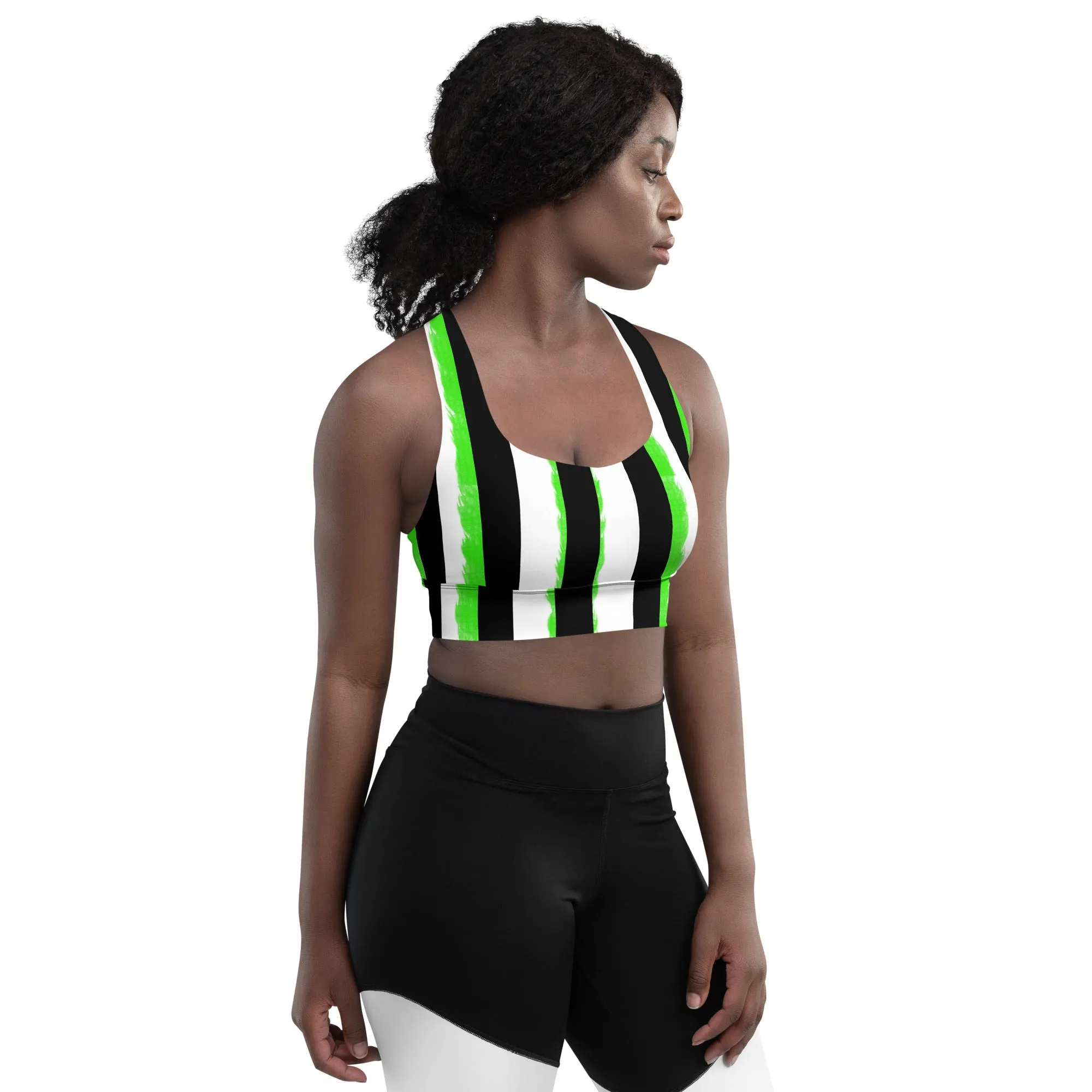 Striped Black and Green, Womens Longline Sports Bra