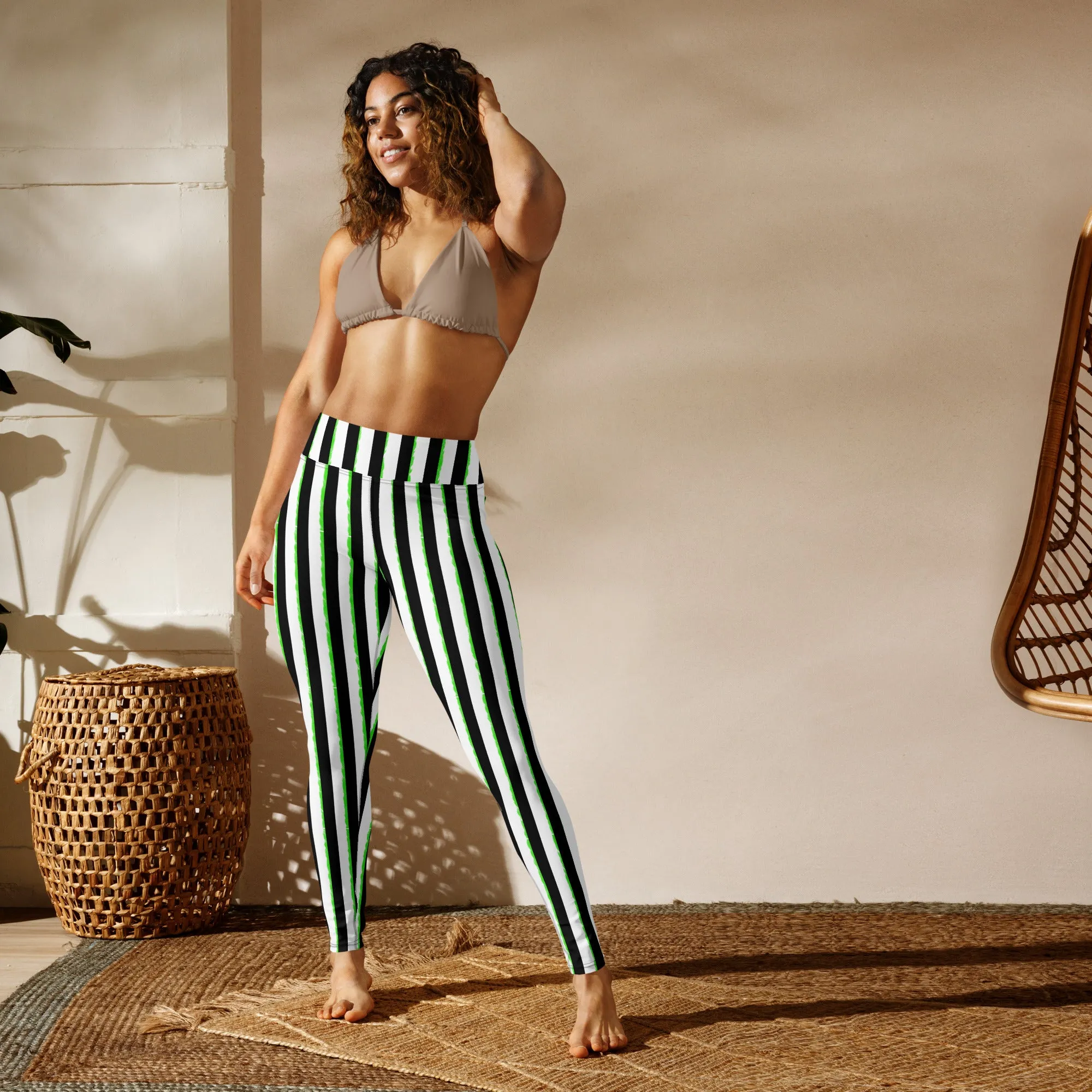 Striped Black and Green, Womens Yoga Leggings
