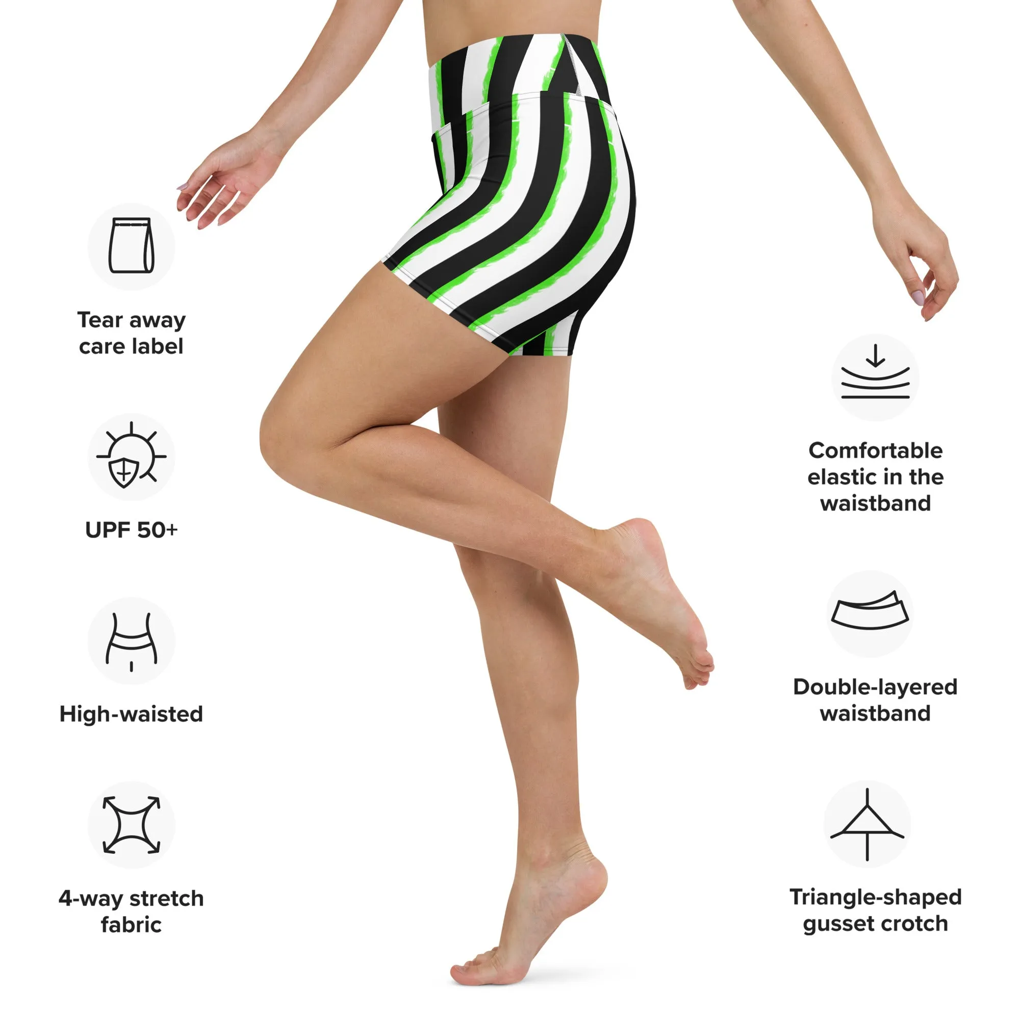 Striped Black and Green, Womens Yoga Shorts