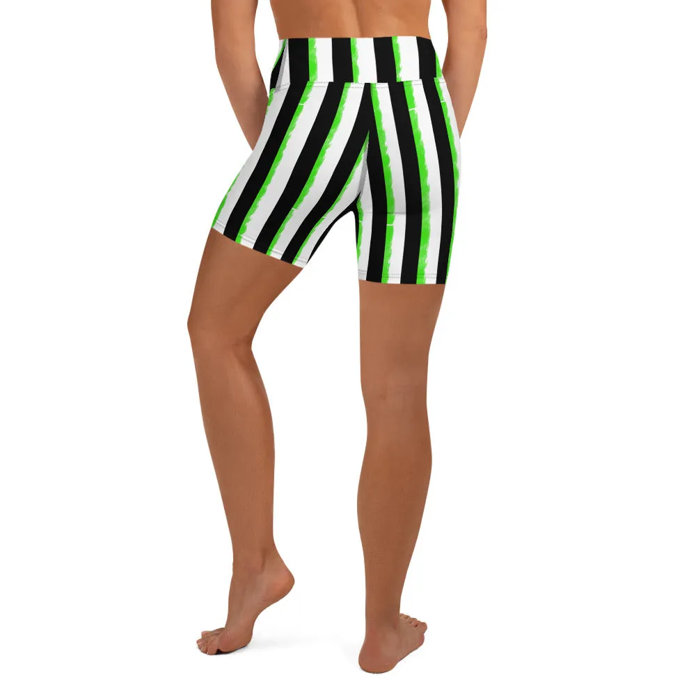 Striped Black and Green, Womens Yoga Shorts