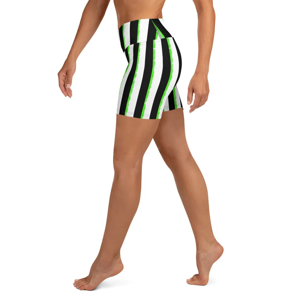 Striped Black and Green, Womens Yoga Shorts