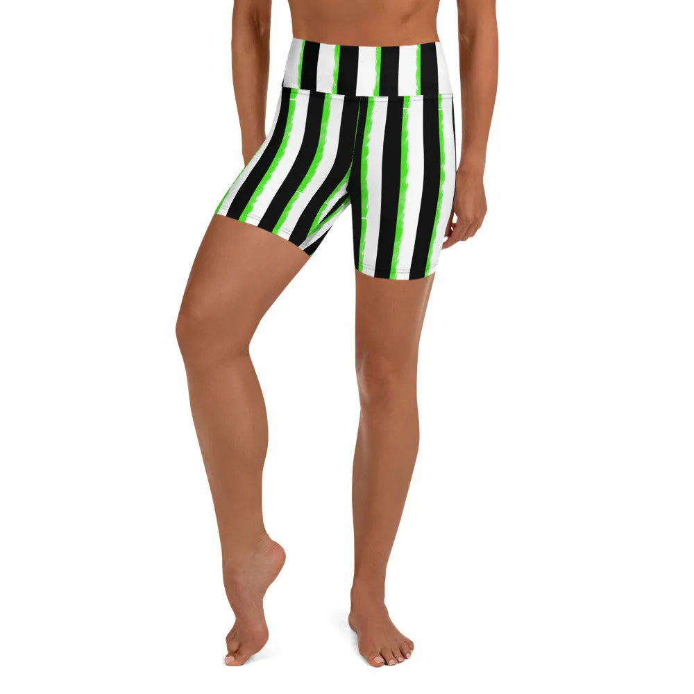 Striped Black and Green, Womens Yoga Shorts
