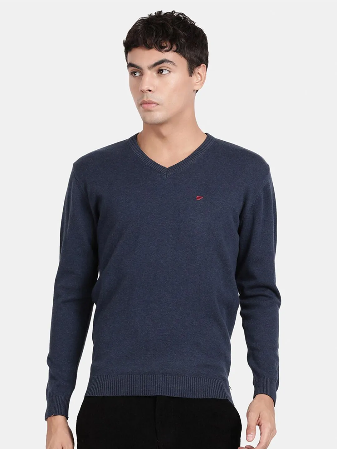 V Neck Mood Indigo Melange Full Sleeve Pullover