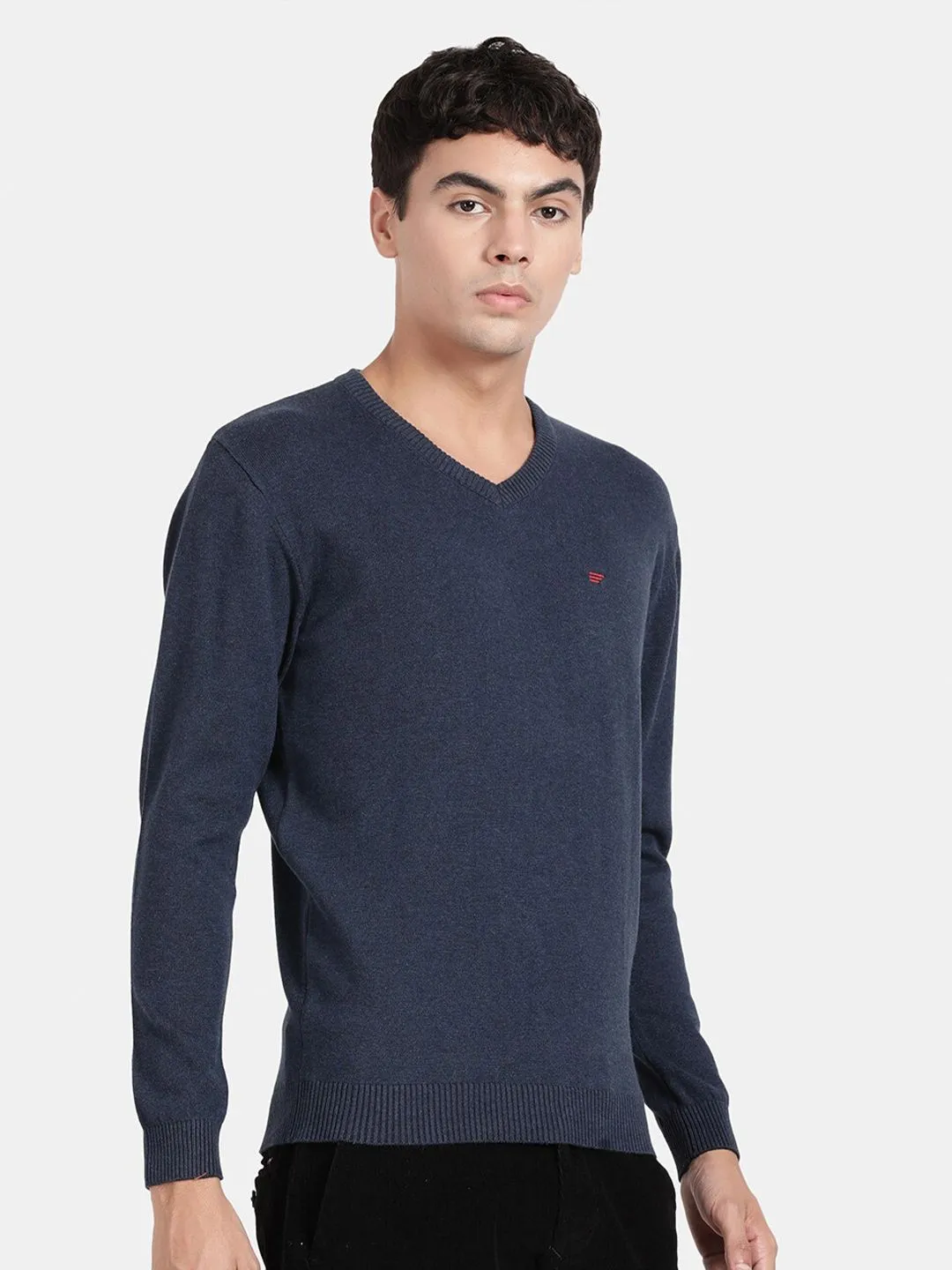 V Neck Mood Indigo Melange Full Sleeve Pullover