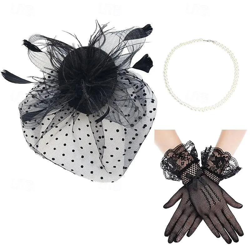 Vintage 1950s Tiara Gloves Necklace Accessories Set